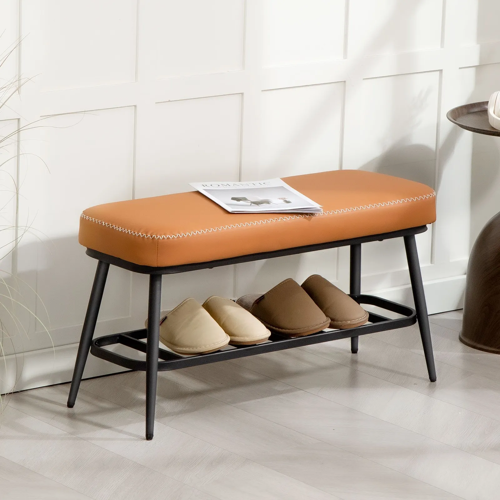 HOMCOM Shoe Bench, PU Leather Shoe Storage Bench for Entryway in Brown 1