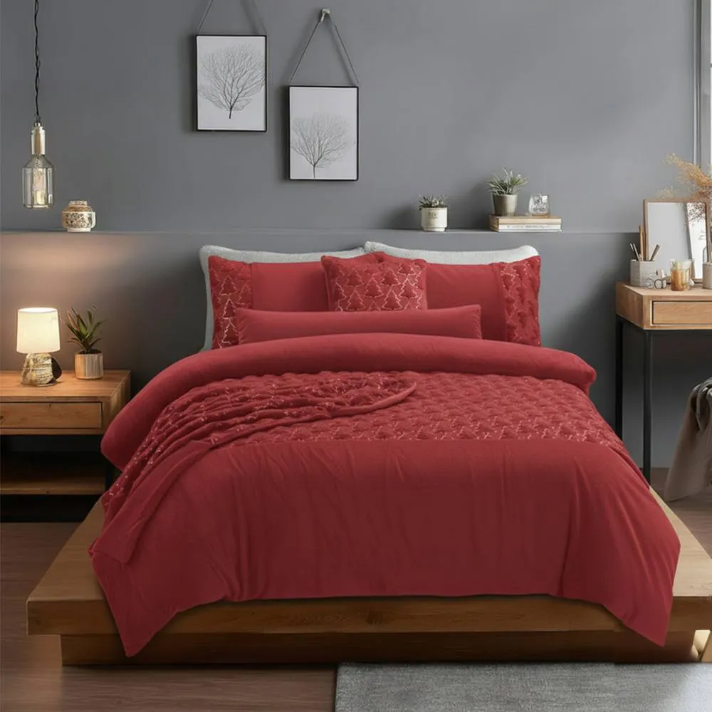 Snug City Ultra Soft Teddy Duvet Cover Set Christmas Tree Cozy Fleece Bedding in Red