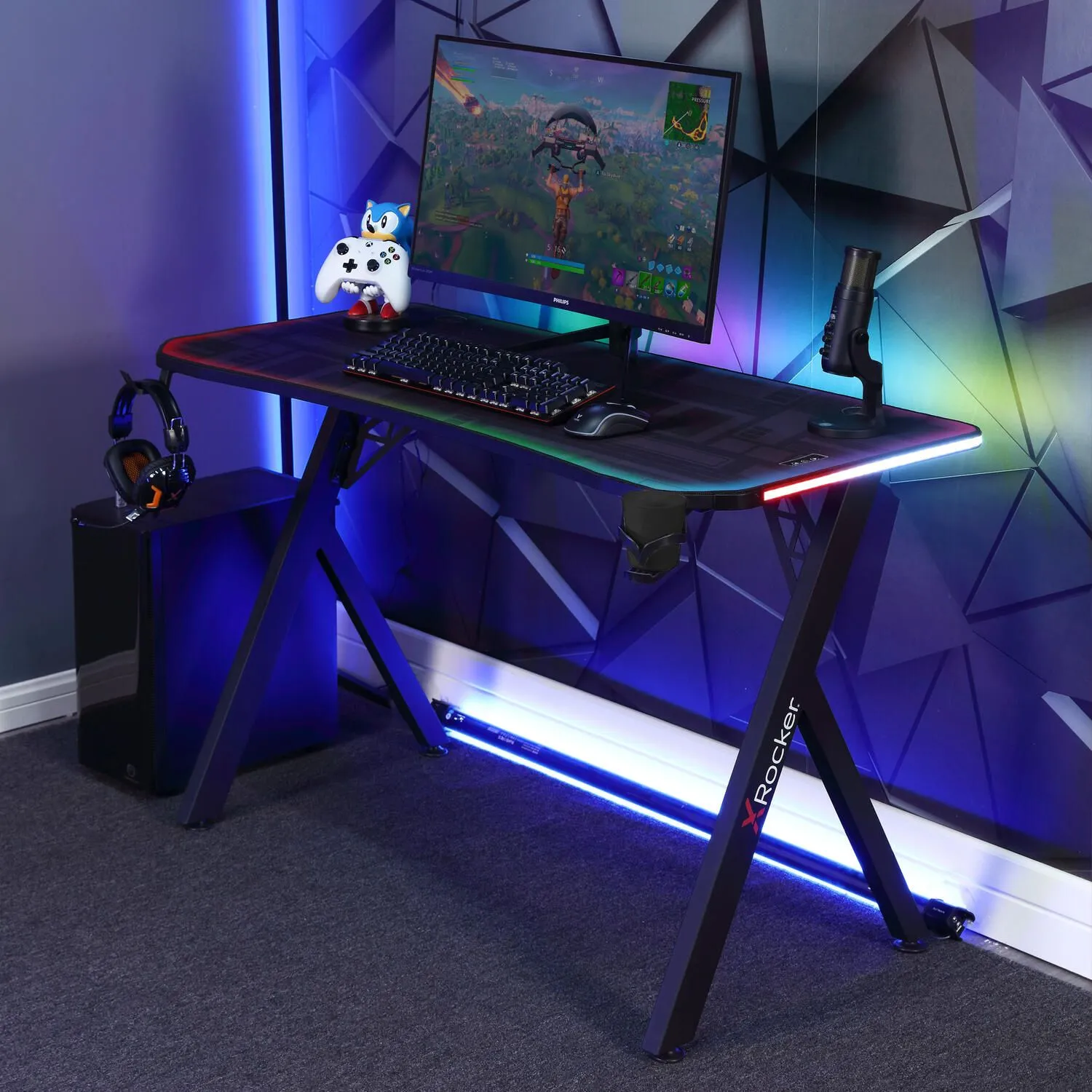 X Rocker Lumio LED Gaming Desk, Mousepad, Cupholder & Headphone Hook in Black 2