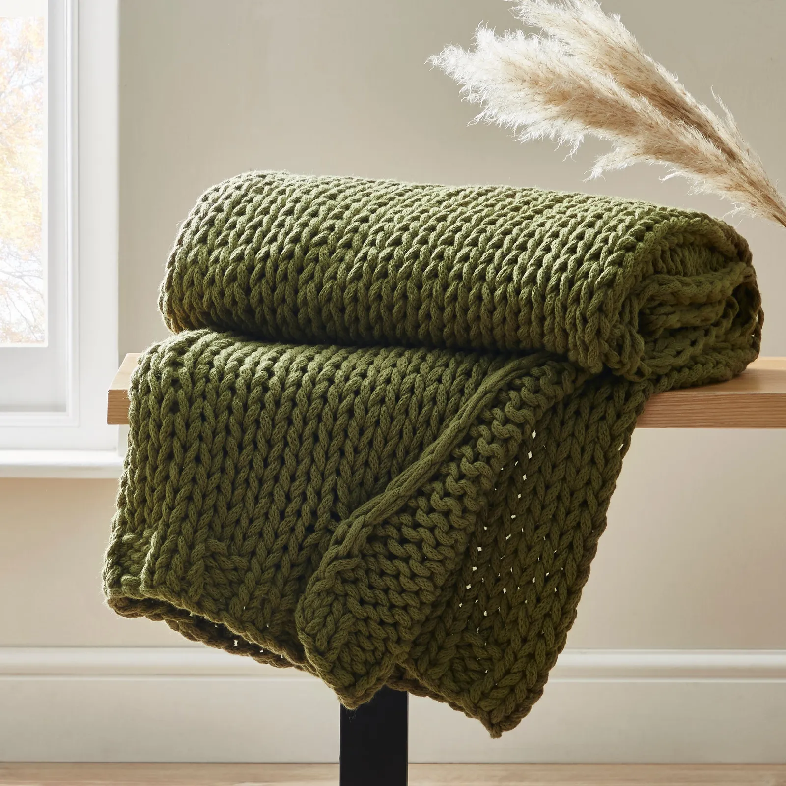 Chunky Hand-Knitted Olive Knit Throw Green