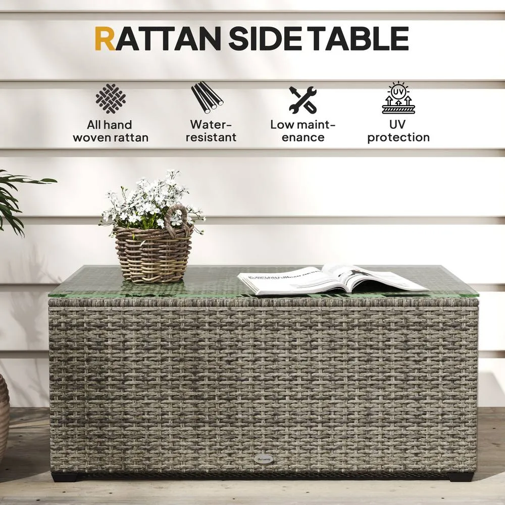 OUTSUNNY Outdoor Coffee Table, Glass Top Rattan Side Table, Dark Grey 4