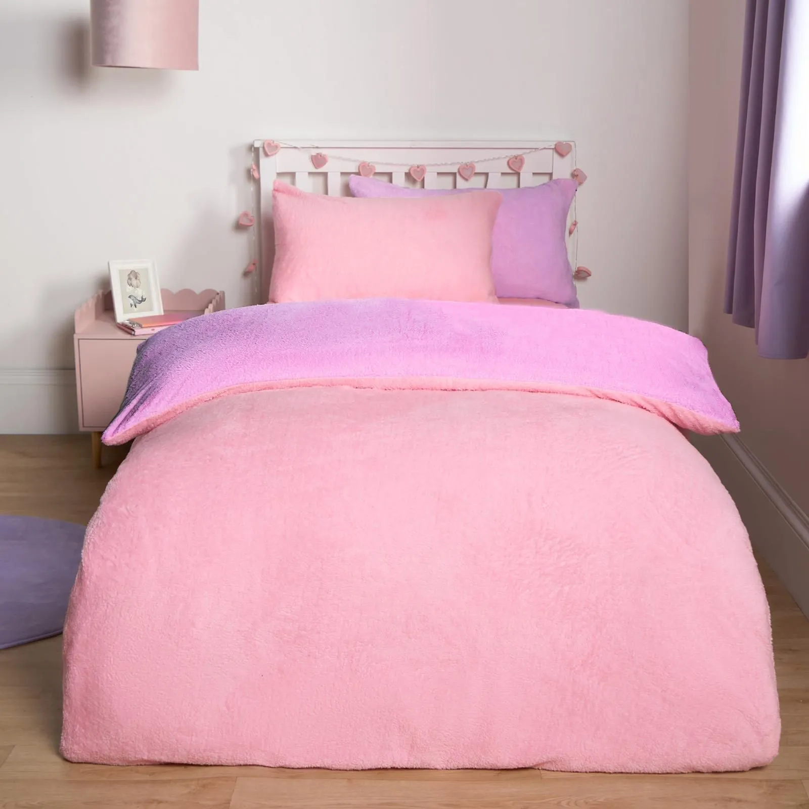 OHS Reversible Teddy Duvet Cover with Pillowcase in Lilac