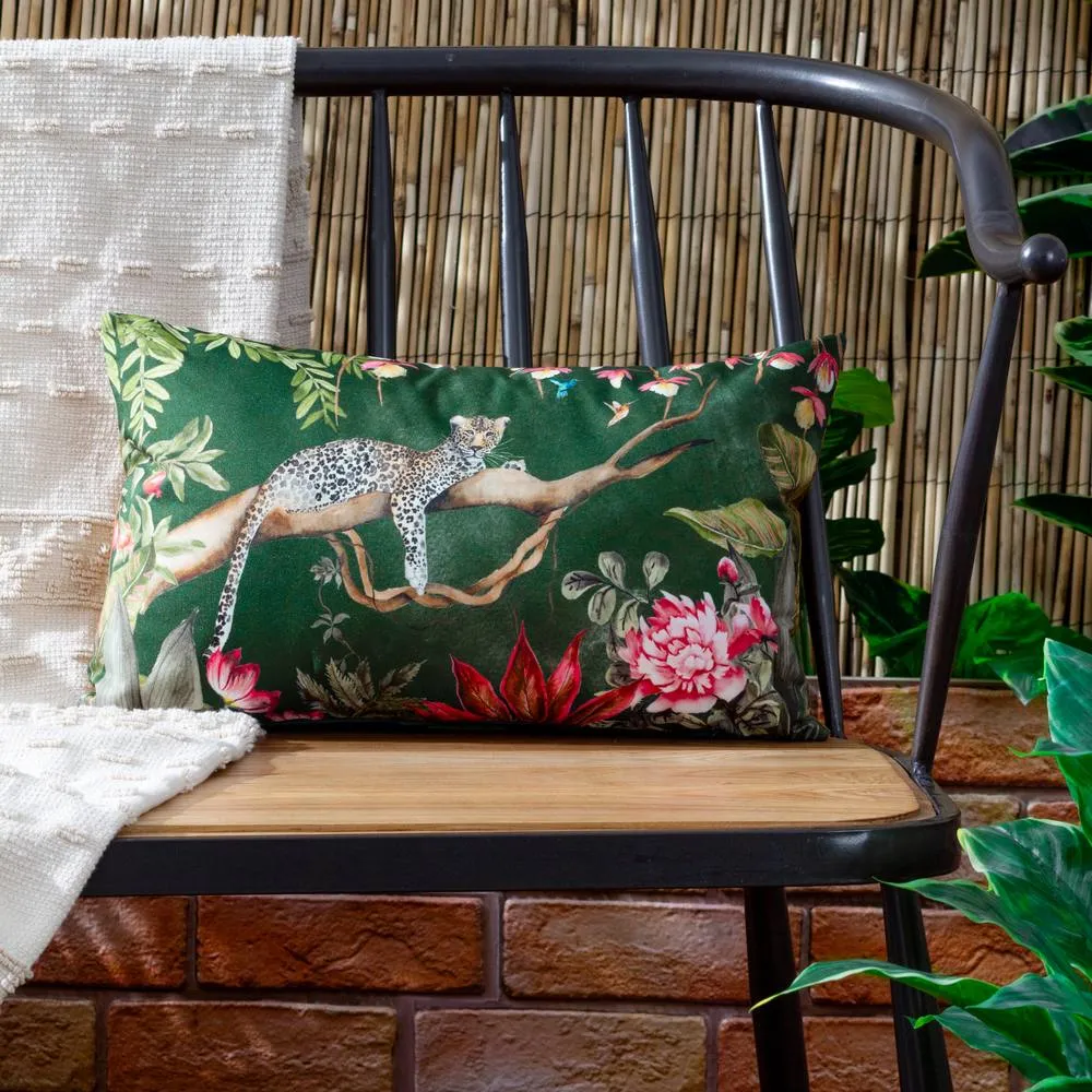 Evans Lichfield Leopard Animal Rectangular Water & UV Resistant Outdoor Cushion in Dark Green