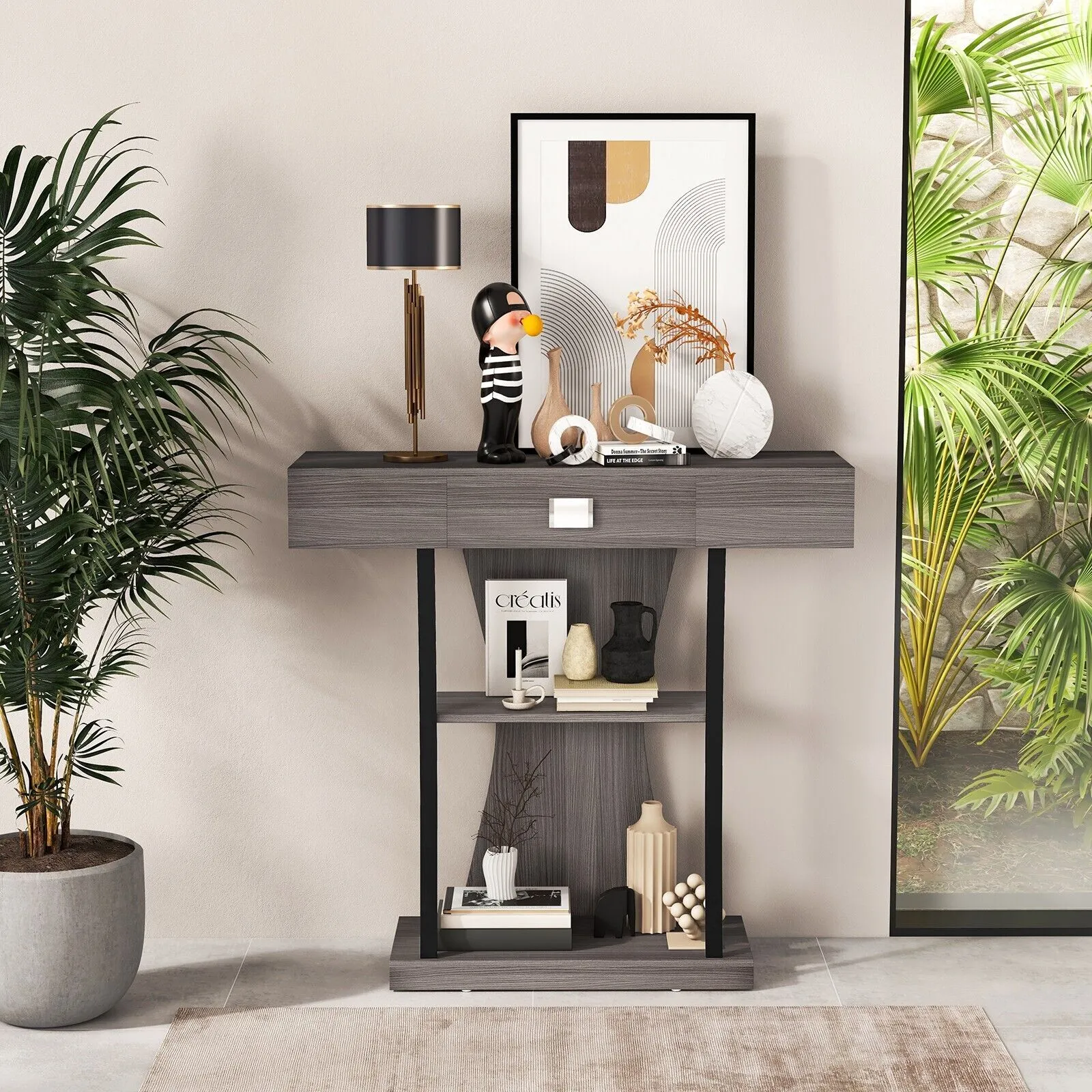 Costway T Shaped Industrial Console Table Narrow Sofa Side Table Entryway Display Shelves in Grey 4