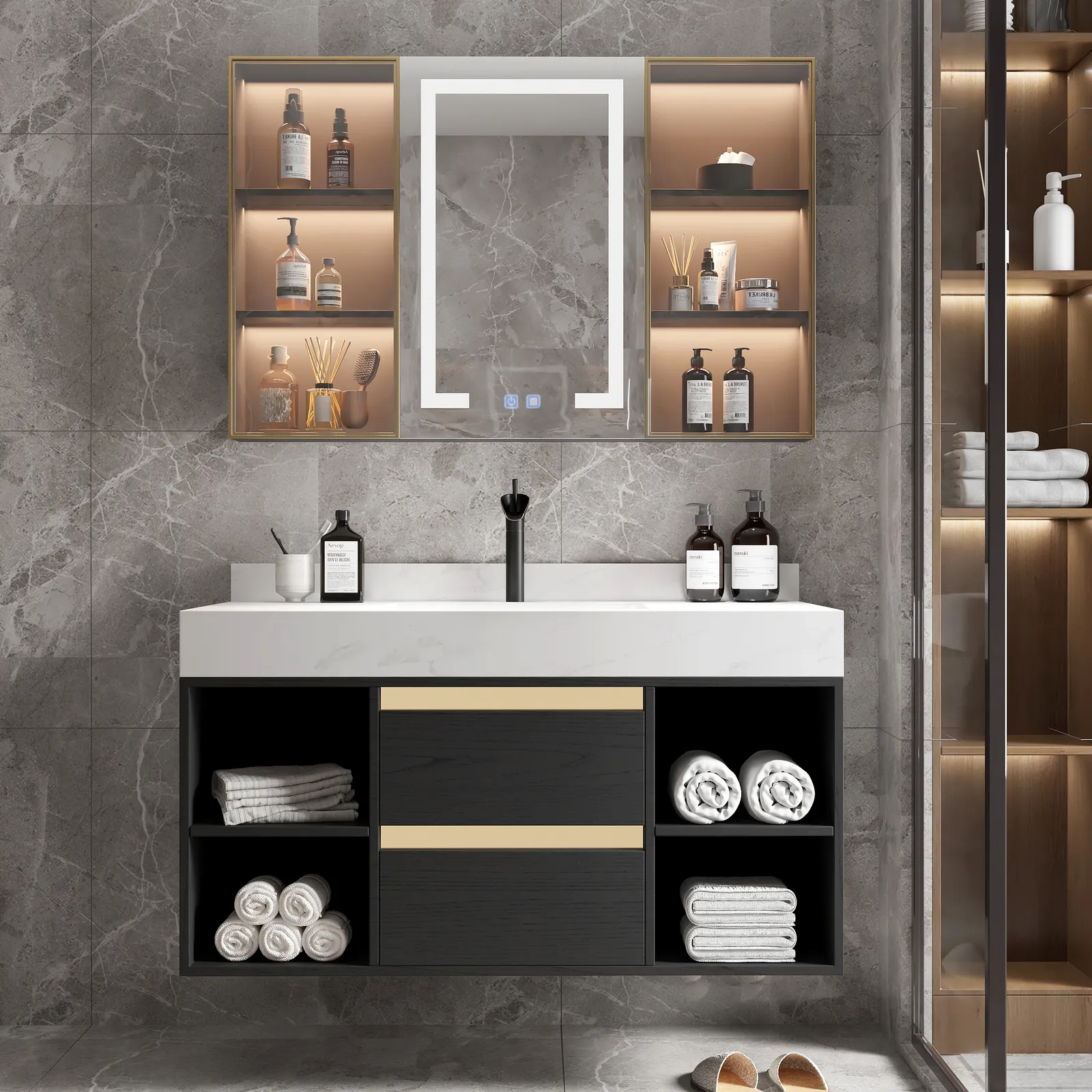 1000mm Floating Ceramic Sink & Open Shelves in Black & Bathroom Cabinet Vanity