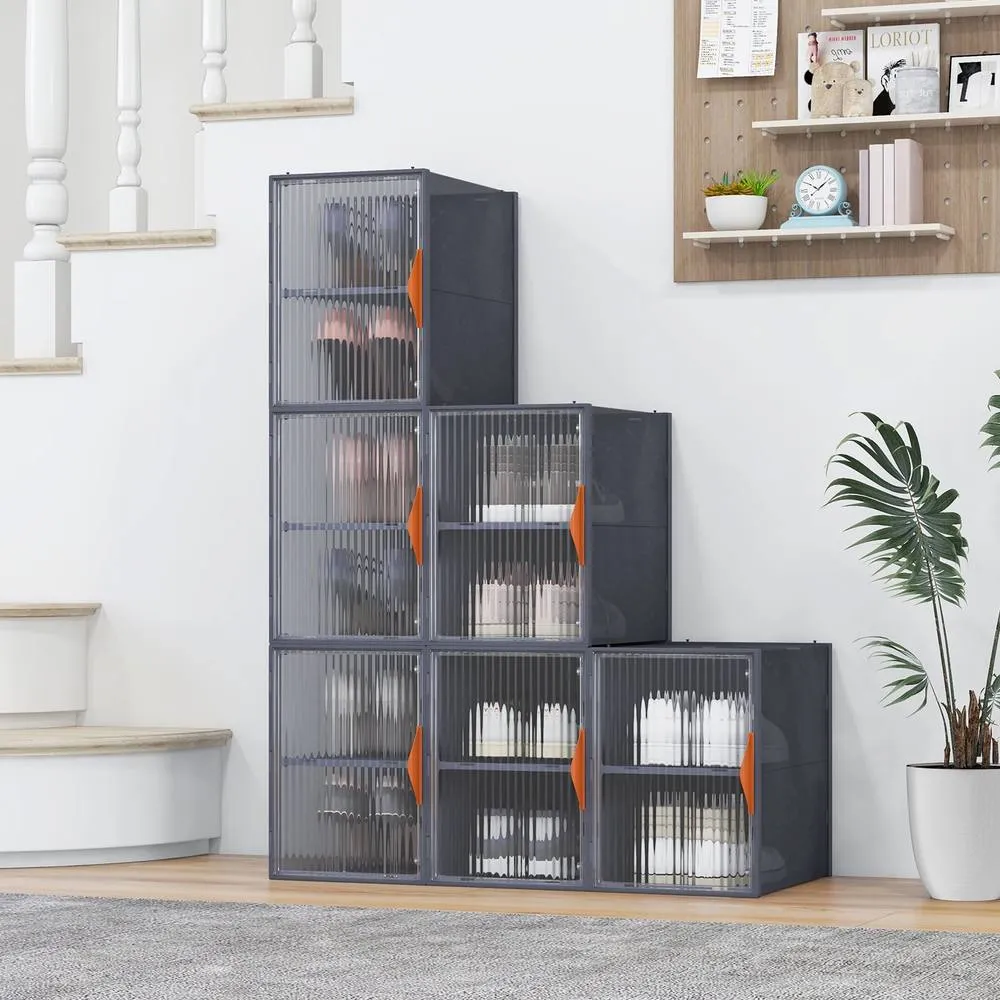 Costway 6 Pack Stackable Shoe Storage Boxes 12-Grids Plastic Storage Bins in Grey 4