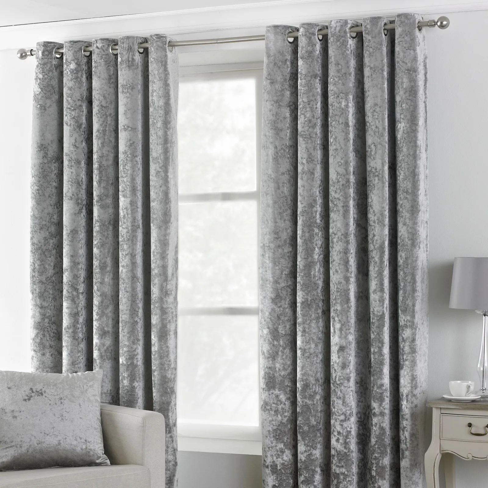 Paoletti Verona Crushed Velvet Eyelet Curtains in Silver 1
