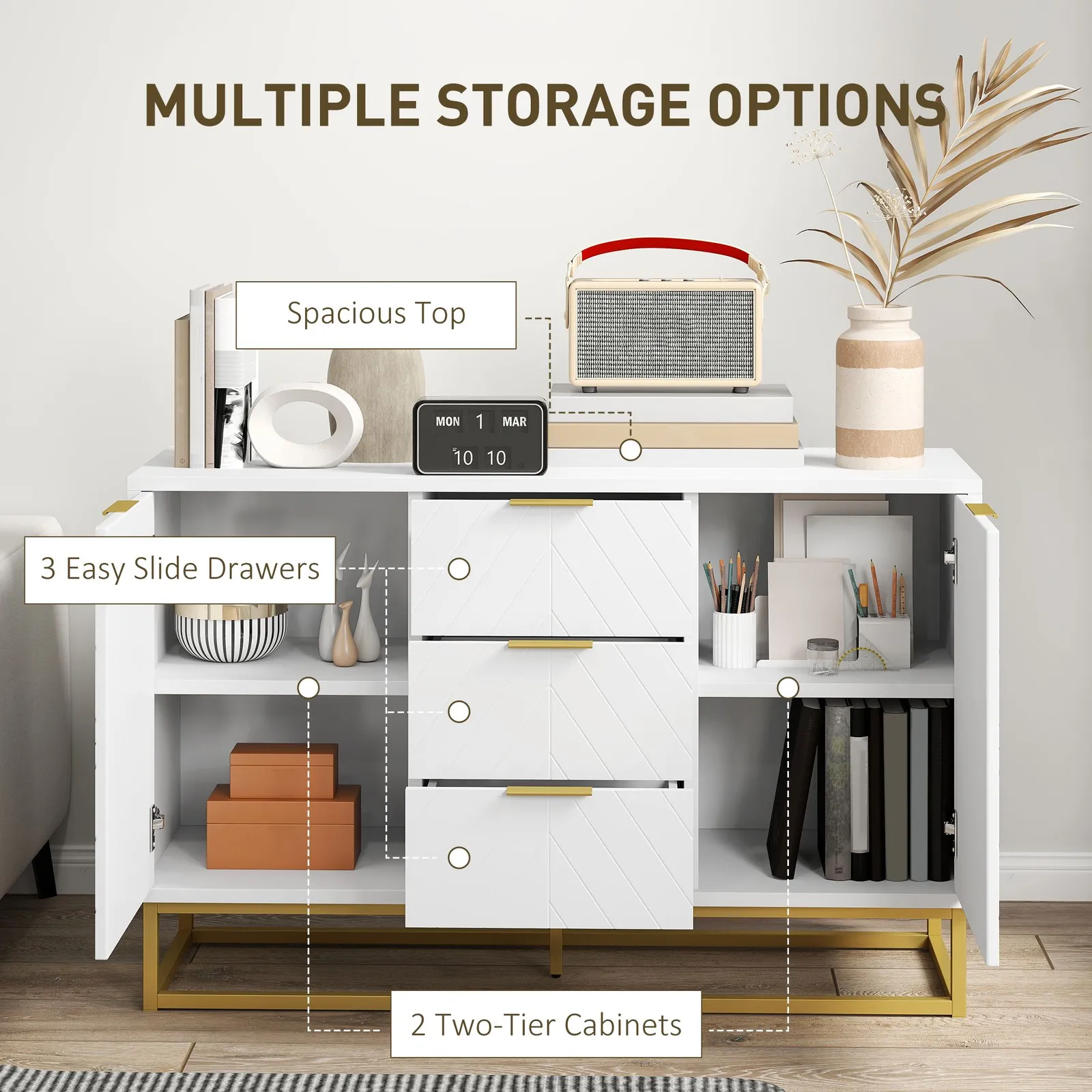 HOMCOM Sideboard Storage Cabinet with Adjustable Shelves in White 5