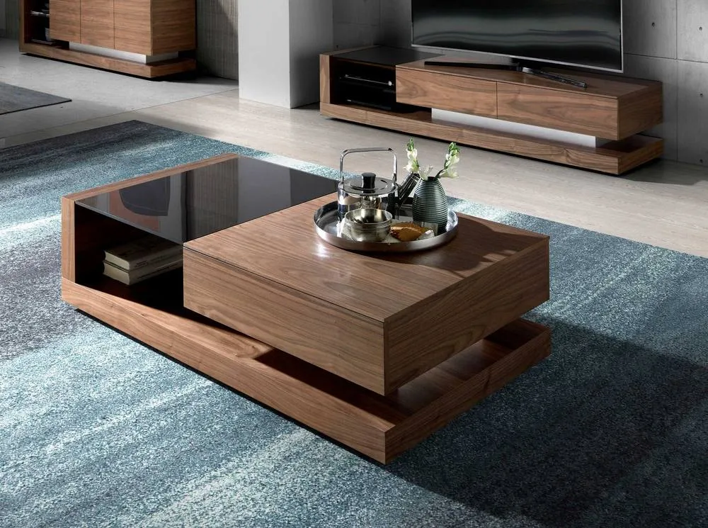 Angel Cerda Rectangular Coffee Table, Walnut Veneer & Black in Brown 3