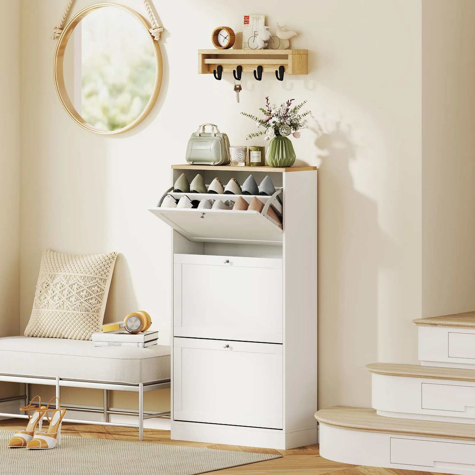 HOMCOM Narrow Shoe Cabinet w/ 3 Flip Drawers for 12-18 Pairs of Shoes White