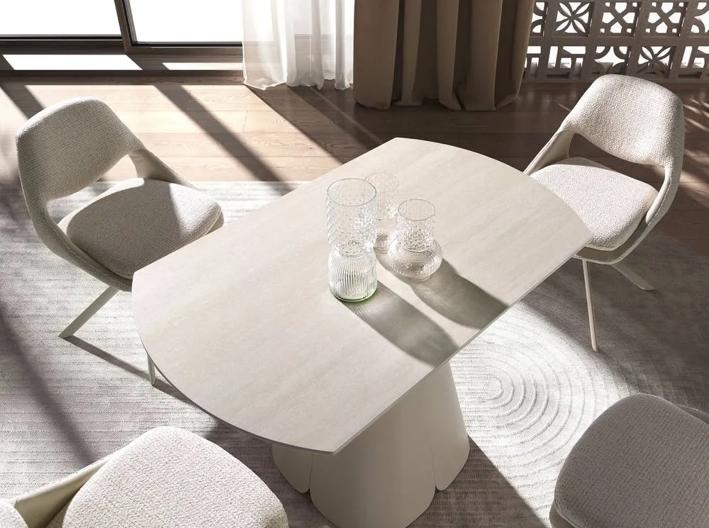 Angel Cerda Extendable Round Porcelain Dining Table with Steel Base in Beige 5