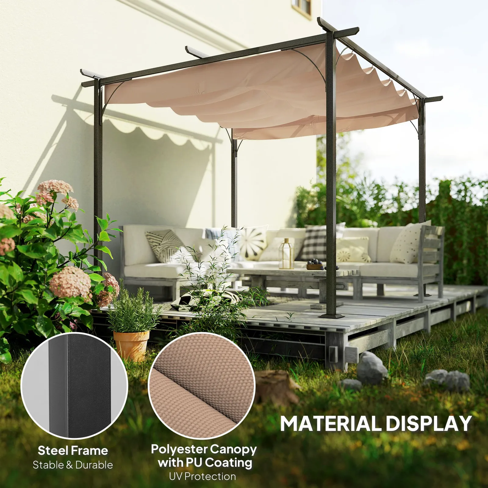 OUTSUNNY 3x3m Outdoor Pergola Metal Gazebo Porch Awning Retractable Canopy in Beige 4