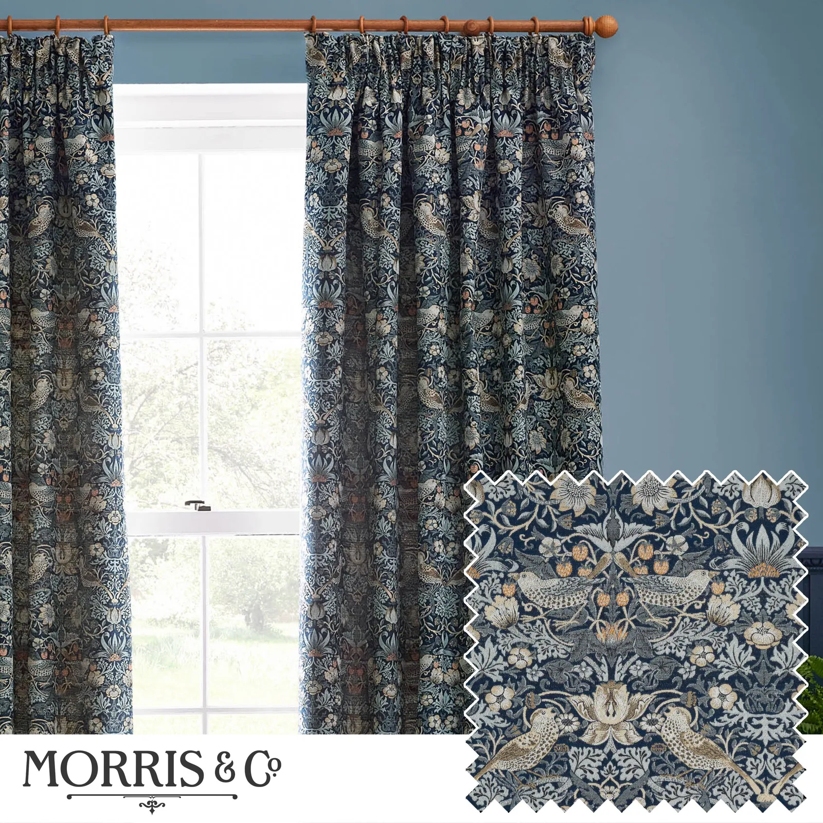 Morris & Co Strawberry Thief Jacquard Floral Room Darkening Pencil Pleat Curtain Pair in Indigo 1