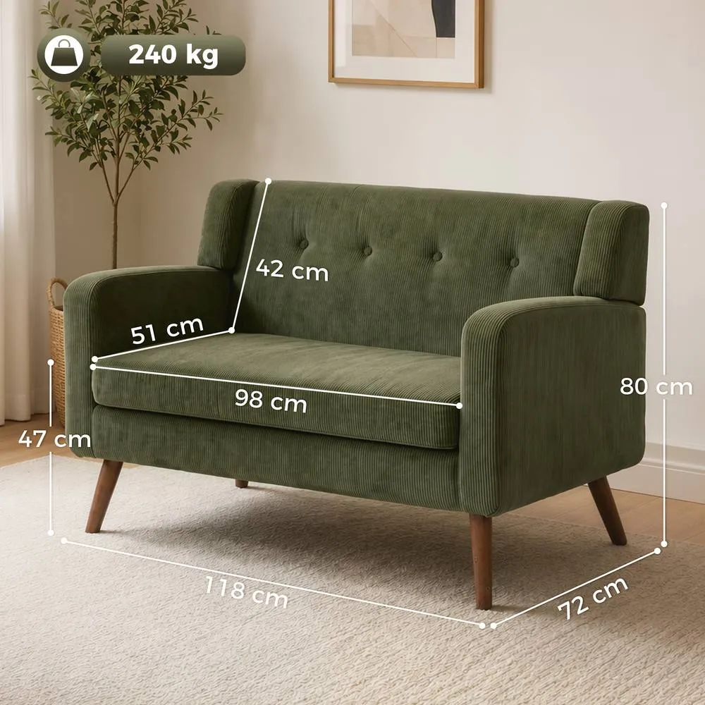 HOMCOM 2 Seater Sofa, 118 cm Corduroy Small Loveseat Sofa, Dark Green 3