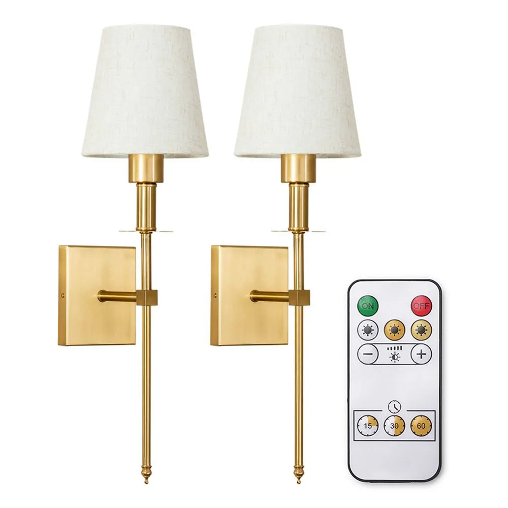 ValueLights Kincaid Set of 2 Rechargeable Easy Fit Dimmable Remote Control Wall Light with Shade in Metallic Gold 2