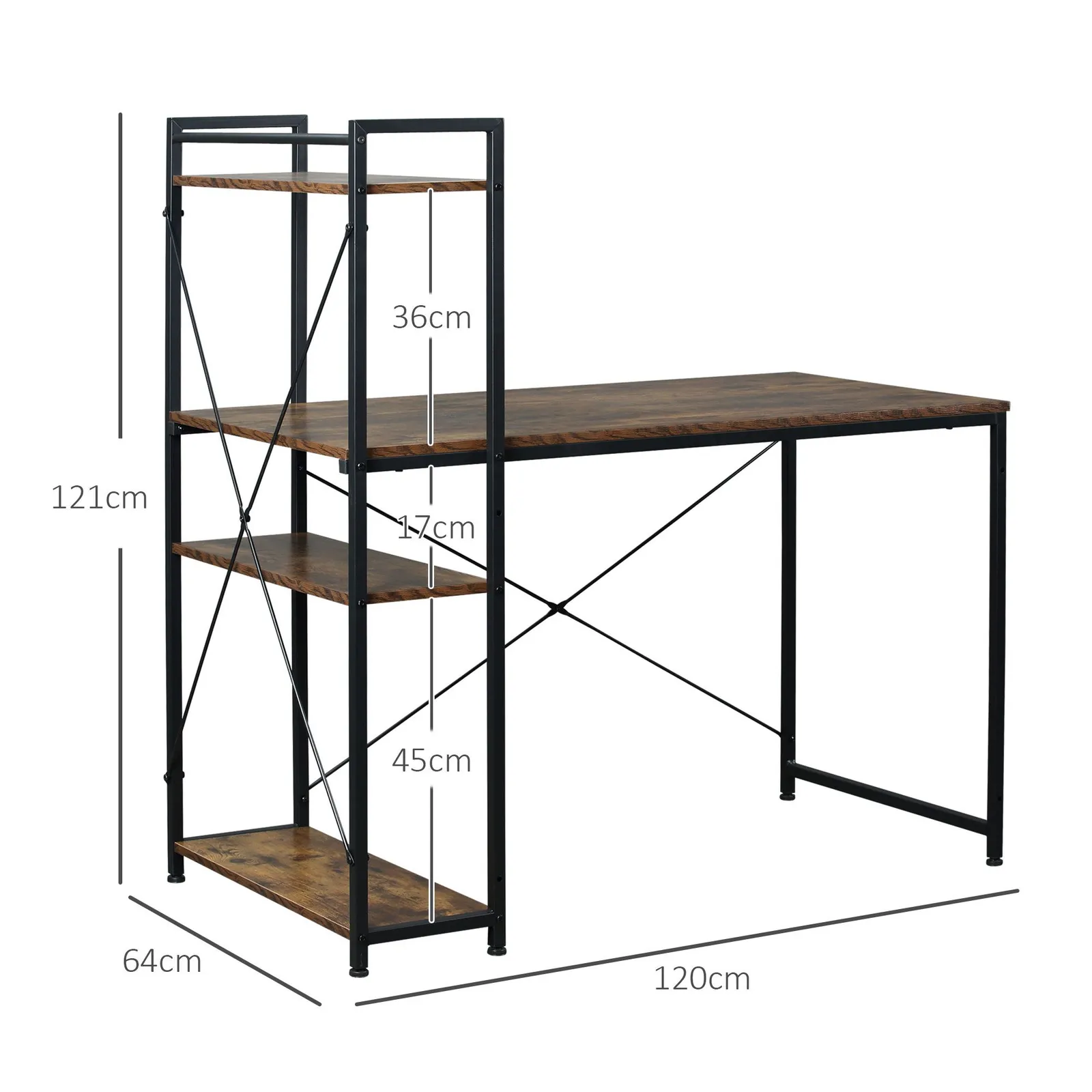 HOMCOM Computer Desk Laptop Table w/4-tier Bookshelf Metal Frame in Brown 3
