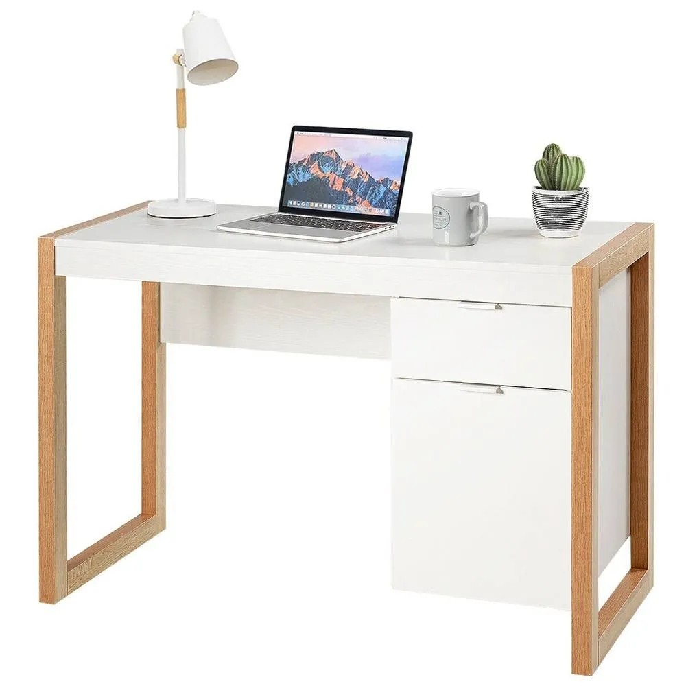 Costway Modern Workstation Desk w/ Storage Cabinet & Drawer Sturdy Structure Home Office in White