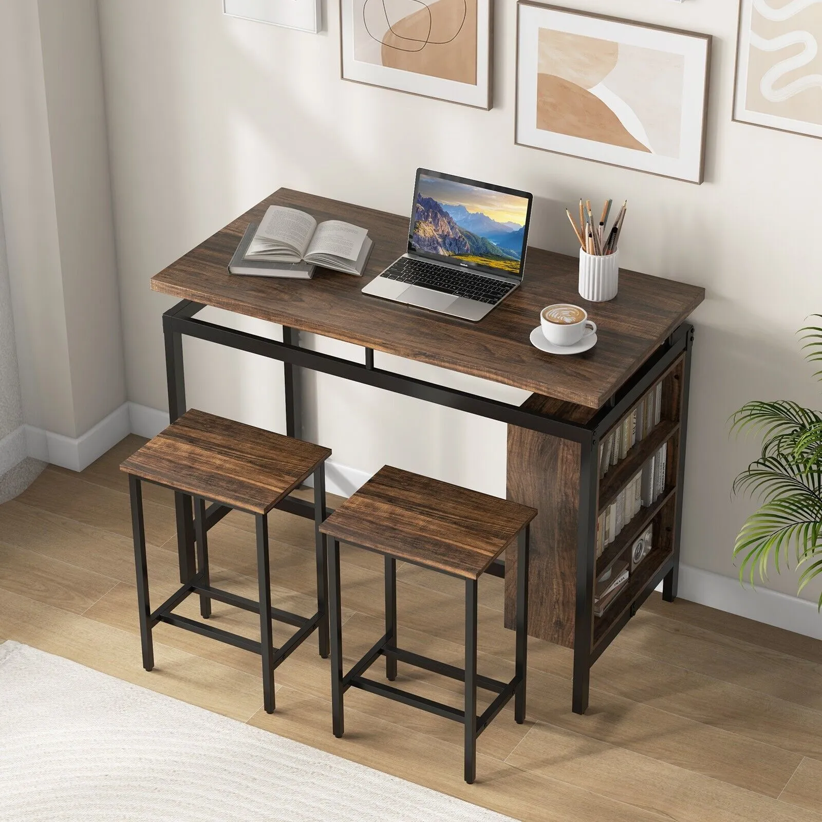 Costway 3Pcs Dining Table Set Counter-Height Dining Table & 2 Bar Stool in Brown 5