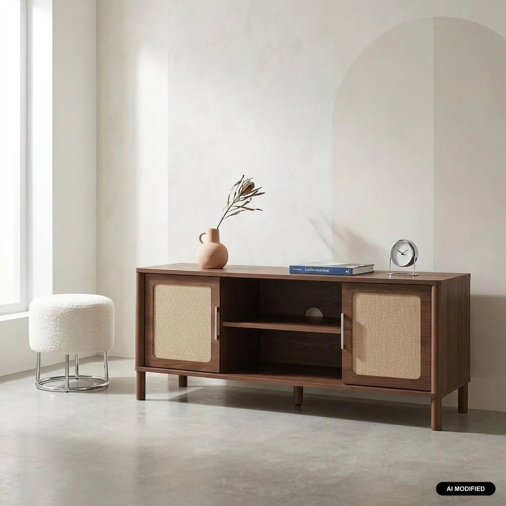 sweeek Vintage TV stand with wood decor & cane 2 doors 120cm in Dark Brown
