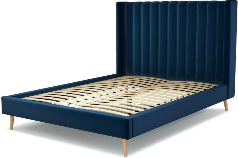 Cory King Size Bed, Regal Blue Velvet with Oak Legs