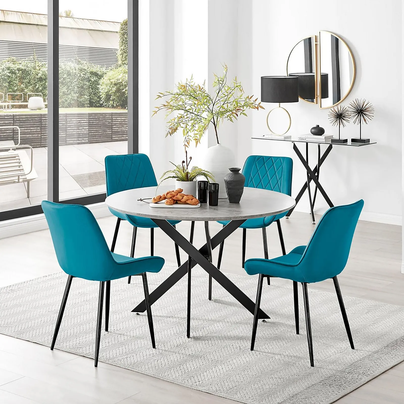 FurnitureboxUK Novara Grey Concrete Effect Black Leg 120cm Round Dining Table & 4 Pesaro Black Leg Chairs in Blue 1