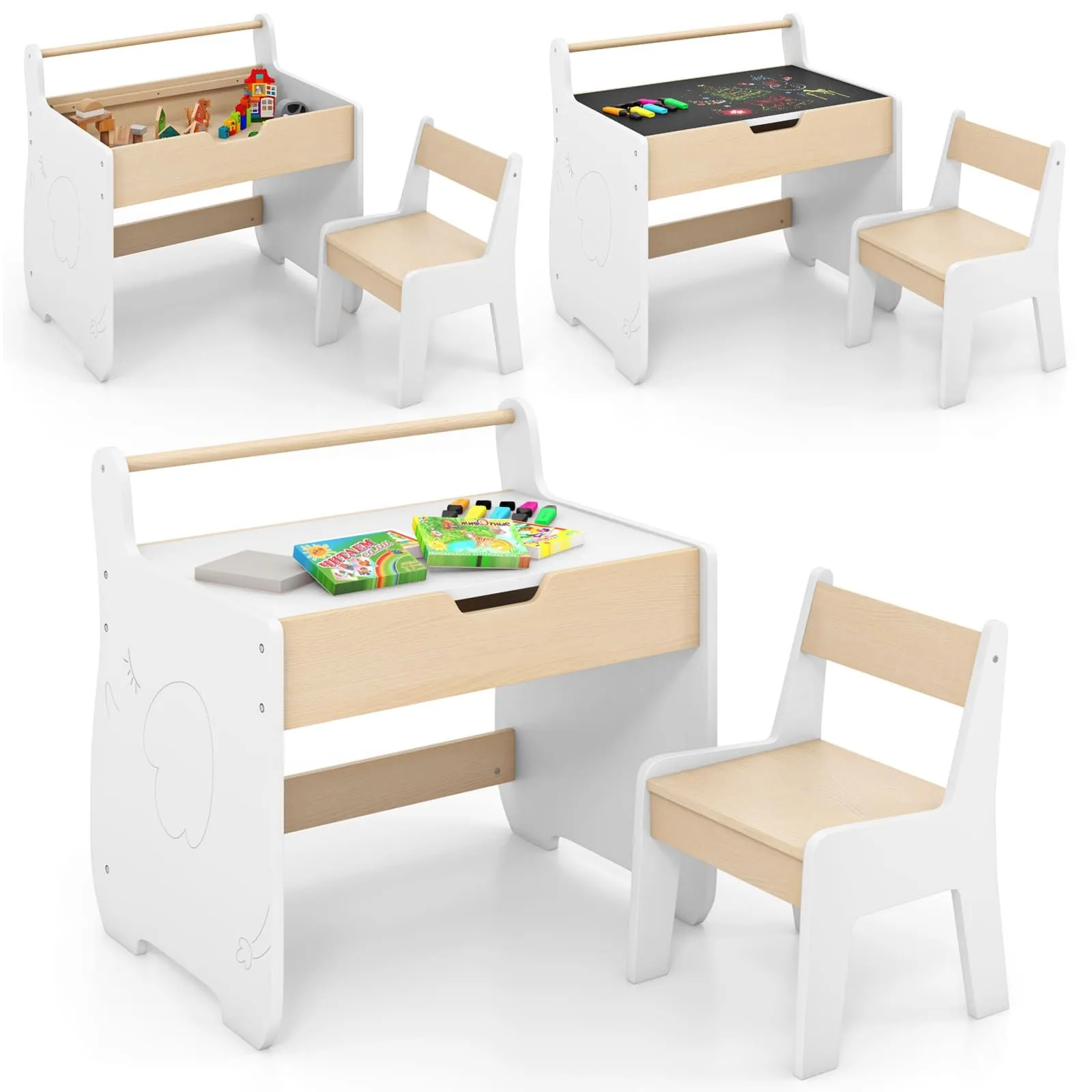 Costway Table & Chair Set Wooden Activity Desk & Chair Set in Natural