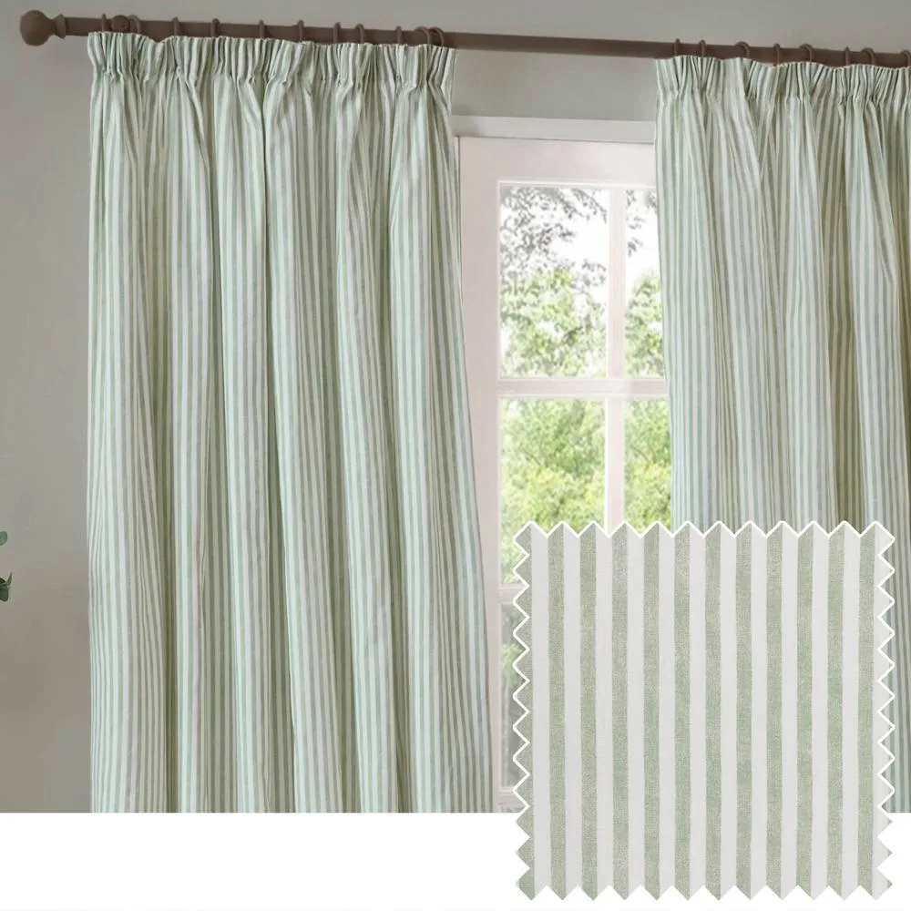 Yard Hebden Striped 100% Cotton Lined Pencil Pleat Curtain Pair in Pale Green 1