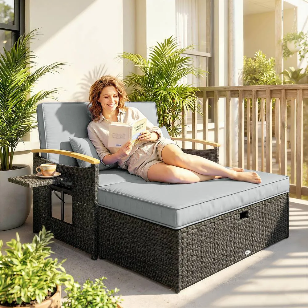OUTSUNNY Double Garden Rattan Daybed with Storage Ottoman, Dark Grey