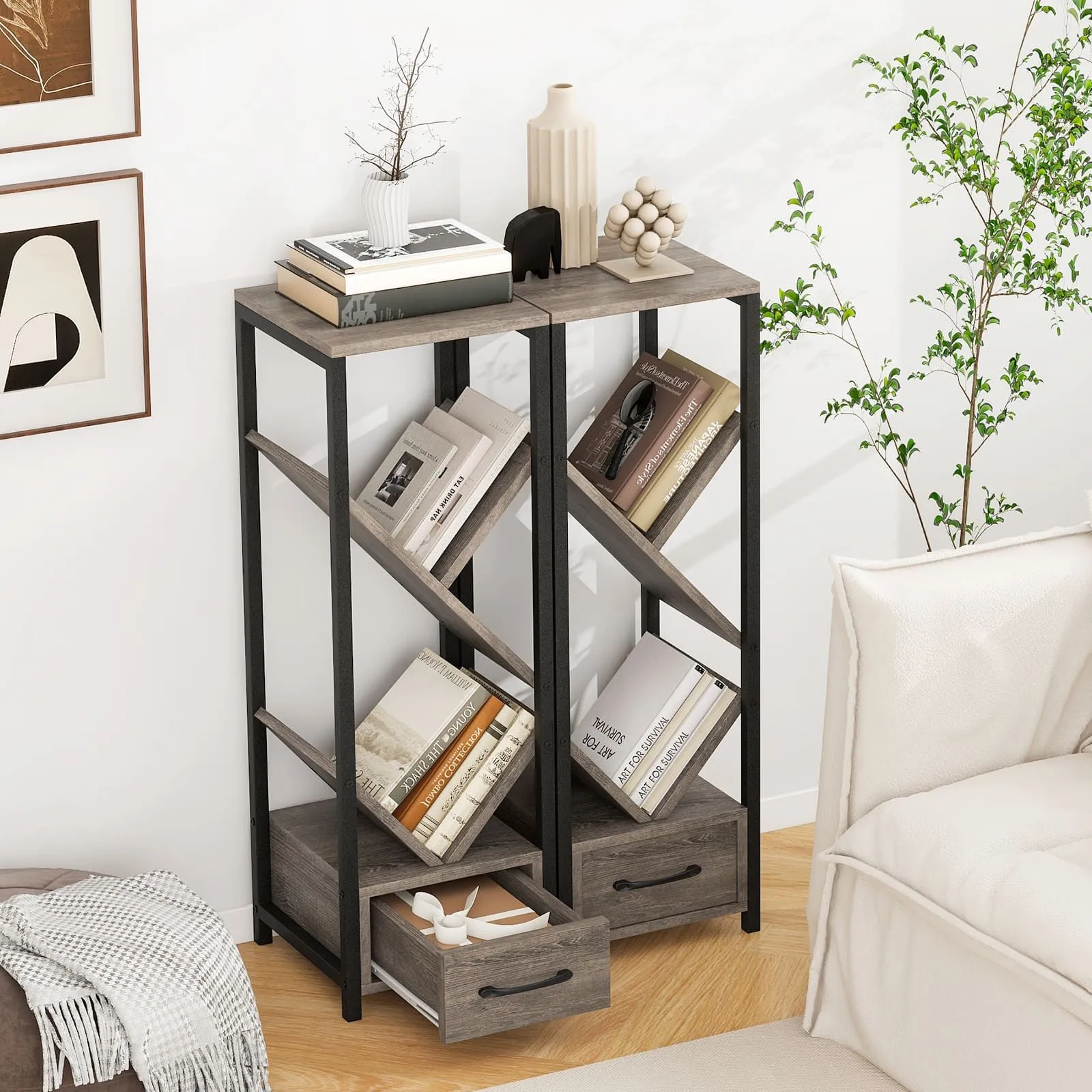 Costway Tree Bookshelf 4 Tier Floor Standing Storage Organizer w/Drawer in Grey 5