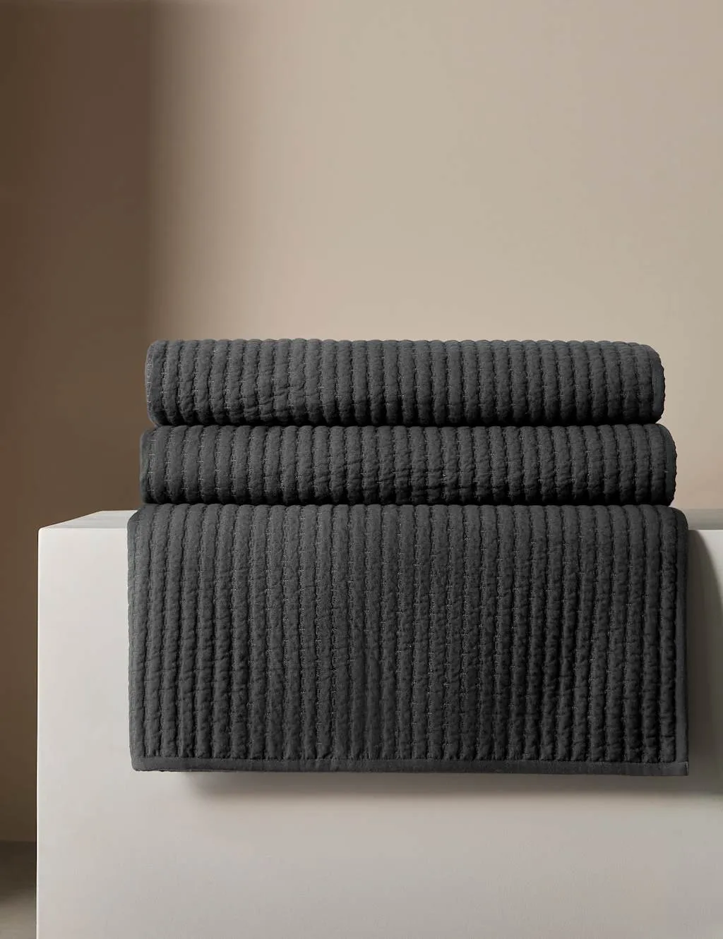 M&S X Kelly Hoppen Cotton with Linen Embroidered Bedspread Dark Grey