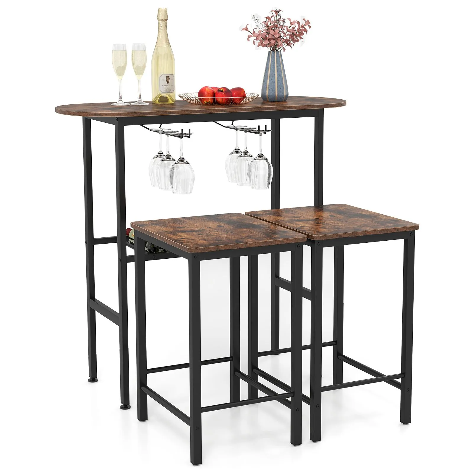 Costway 3 Piece Counter Height Table Set Oval Dining Table & 2 Stools in Brown 1