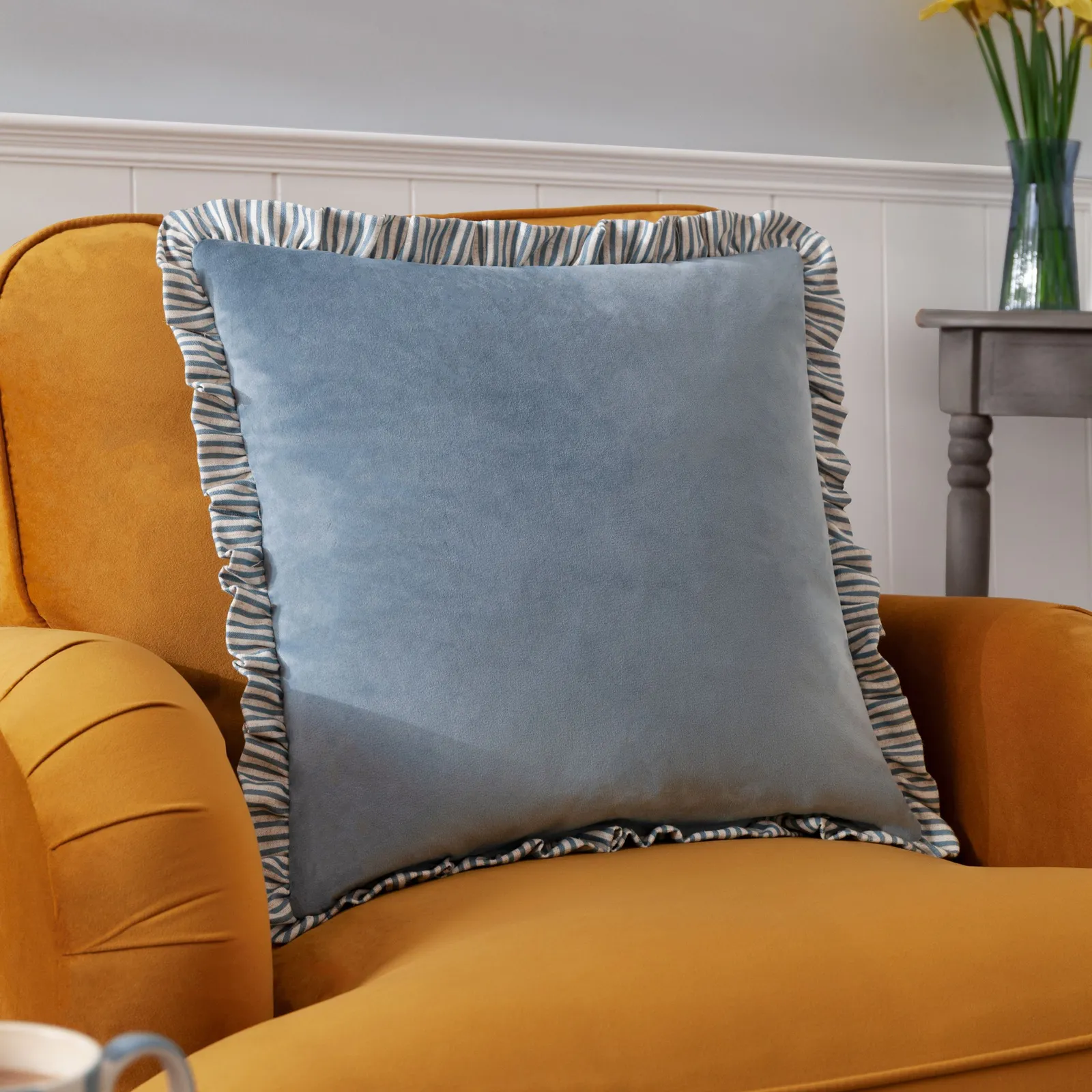 Wylder Solene Ruffle Matte Velvet Cushion in Blue 1