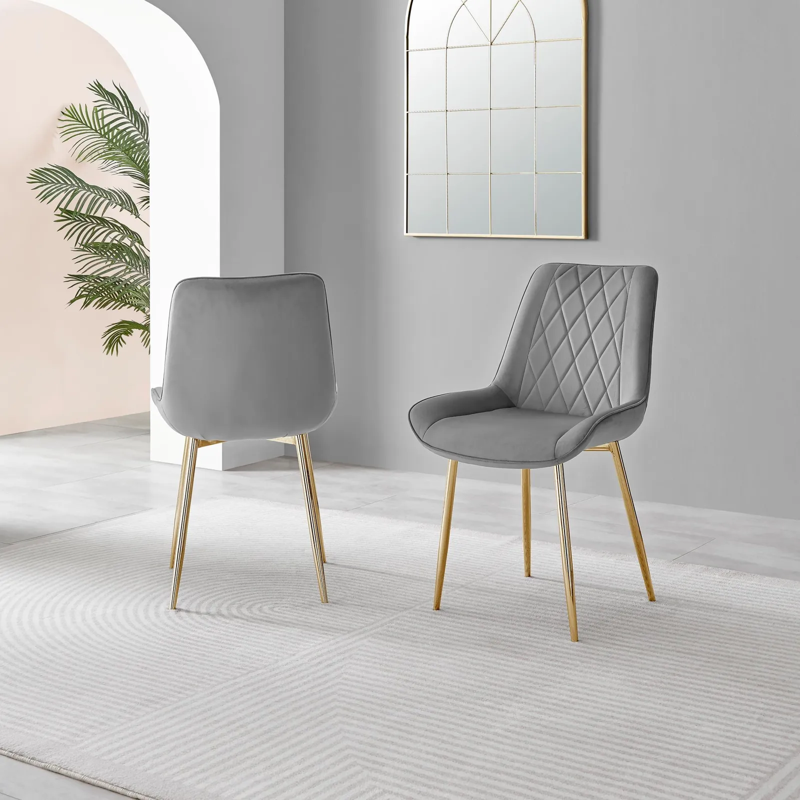 FurnitureboxUK Set of 2 Pesaro Luxury Soft Touch Diamond Pattern Velvet Dining Chairs With Gold Chrome Metal Legs in Grey 3