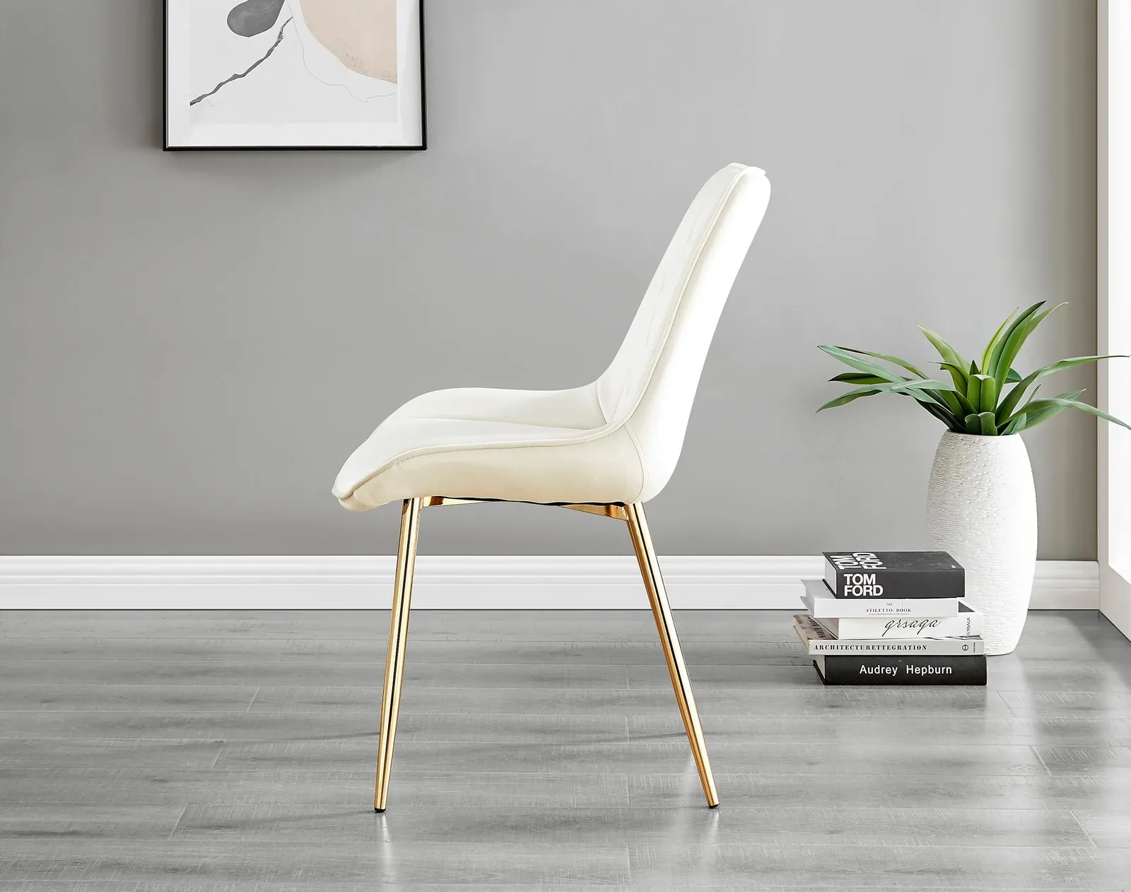 FurnitureboxUK Set of 2 Pesaro Luxury Soft Touch Diamond Pattern Velvet Dining Chairs With Gold Chrome Metal Legs in Cream 6