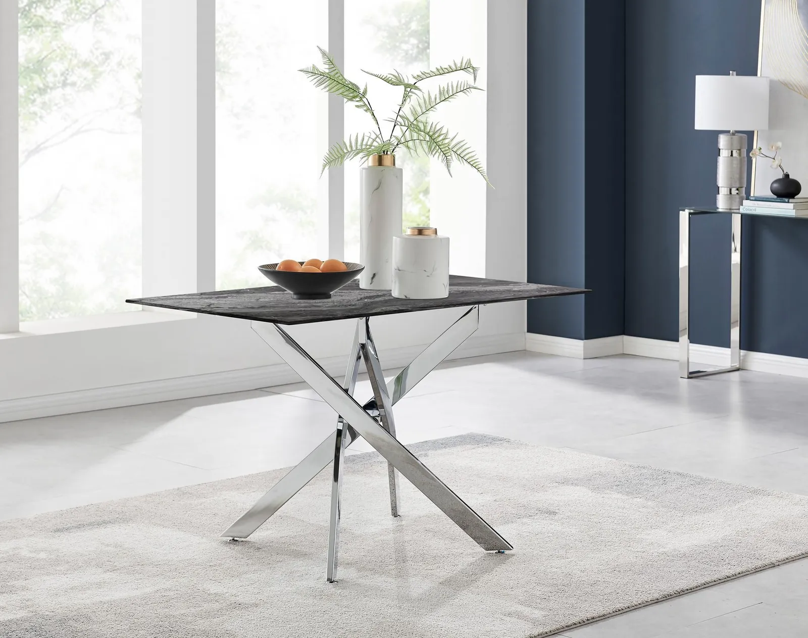 FurnitureboxUK Leonardo Grey Glass Marble Effect Silver Leg Table & 4 Pesaro Silver Chairs in Cream 2