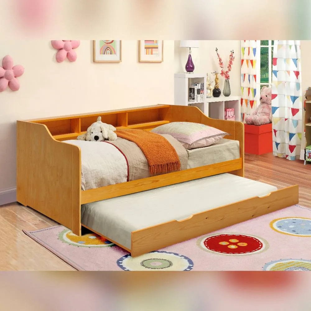 Comfy Living Ltd 3ft Wooden Bed With Shelving & Pull Out Trundle in Light Brown