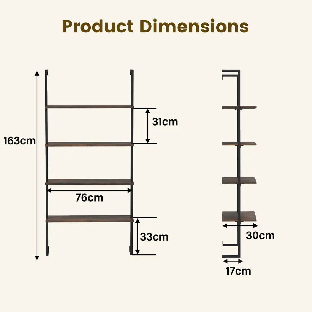 Costway 4-Tier Wall-Mounted Bookshelf Floating Display Shelves Wooden Bookcase in Brown 2
