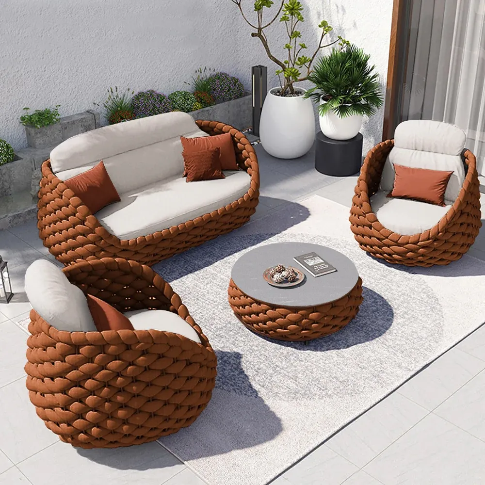 Cocaro 4-Person Garden Sofa Set, RoCocaroble Hand-Woven Rope Chair & Garden Coffee Table with Storage