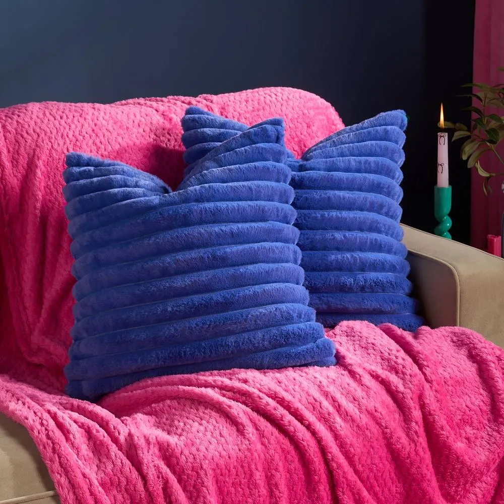 OHS 2 x Faux Fur Thick Rib Cushion Covers in Cobalt