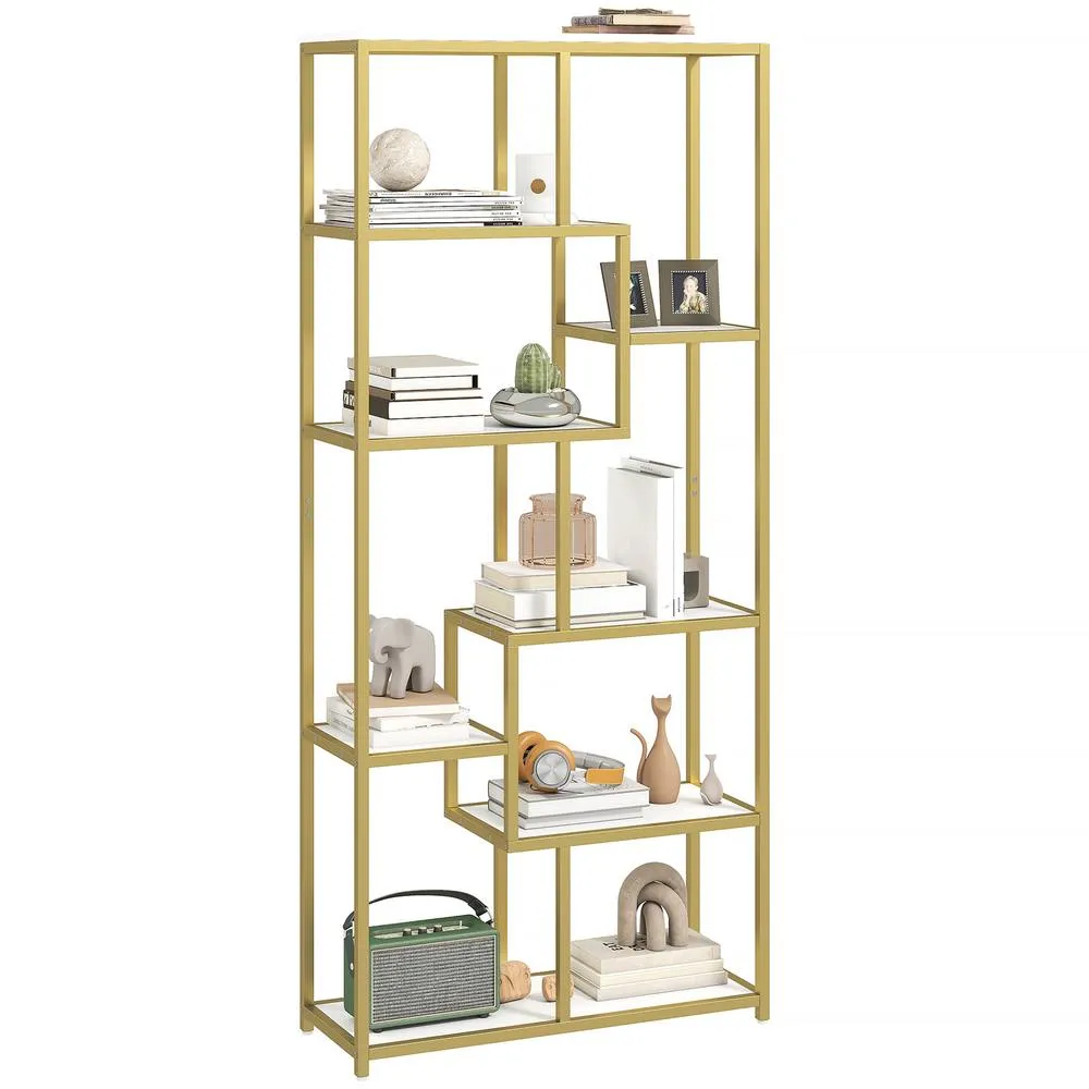 HOMCOM Modern Bookcase 7-Tier Bookshelf Shelving Unit White Gold Tone 2