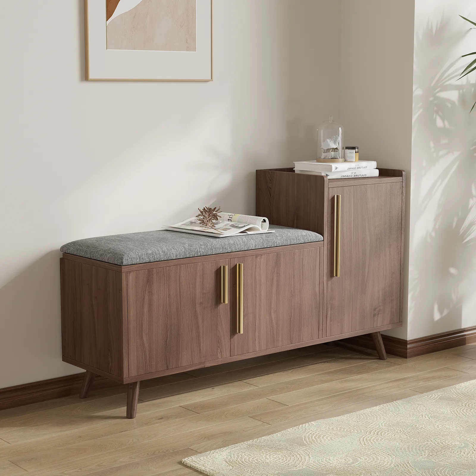 Shoe Storage Entryway Bench with Right-Side Cabinet Engineered Wood Shoe Rack in Black  Walnut (120 cm)