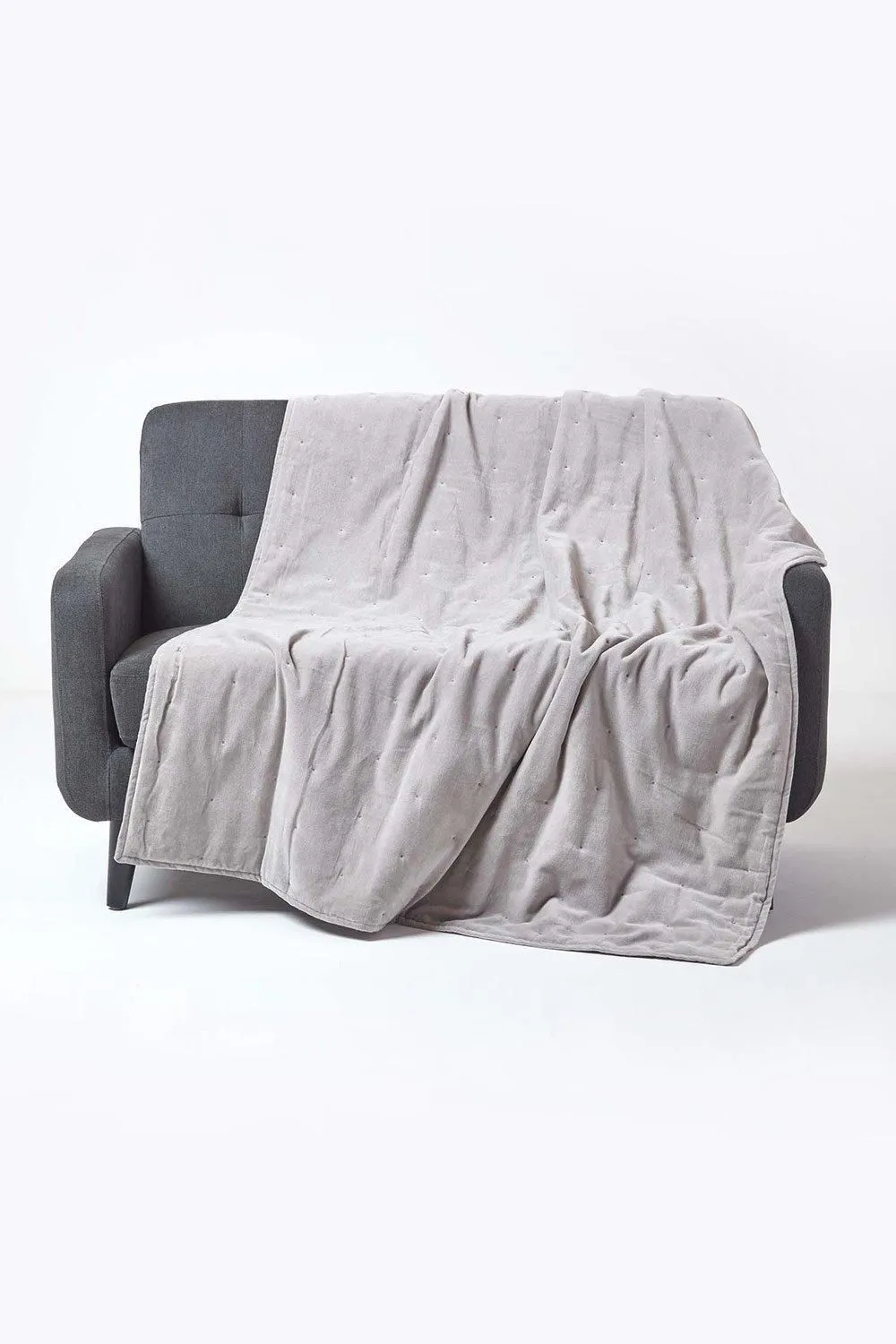 Homescapes Velvet Quilted Throw 100% Cotton, Soft & Luxurious Blanket in Light Grey
