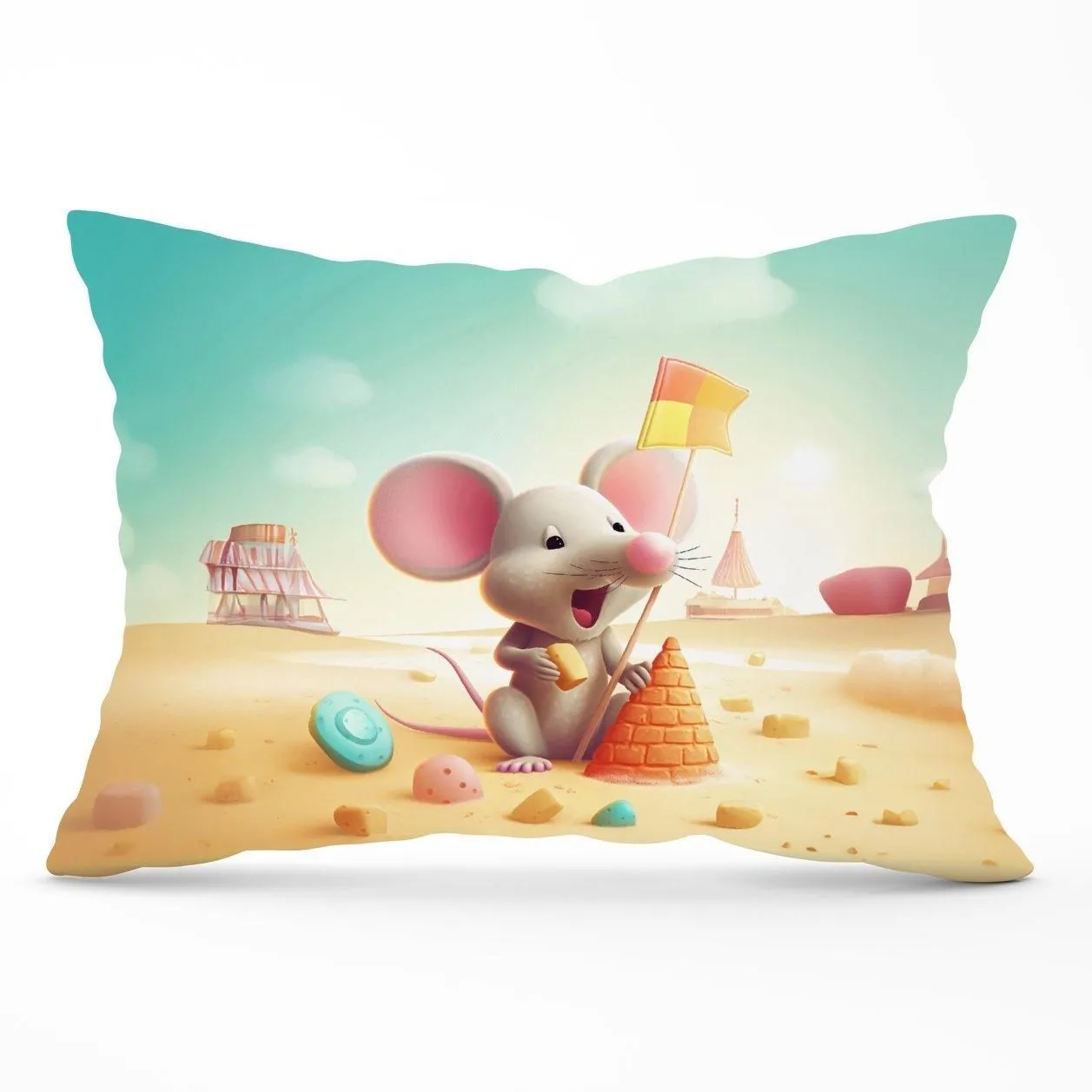 Warren Reed - Designer A Mouse On A Beach Holiday Cushions in Yellow