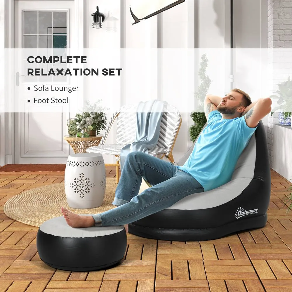 OUTSUNNY Inflatable Chair & Footstool for Gaming, Reading, Watching in Grey 4