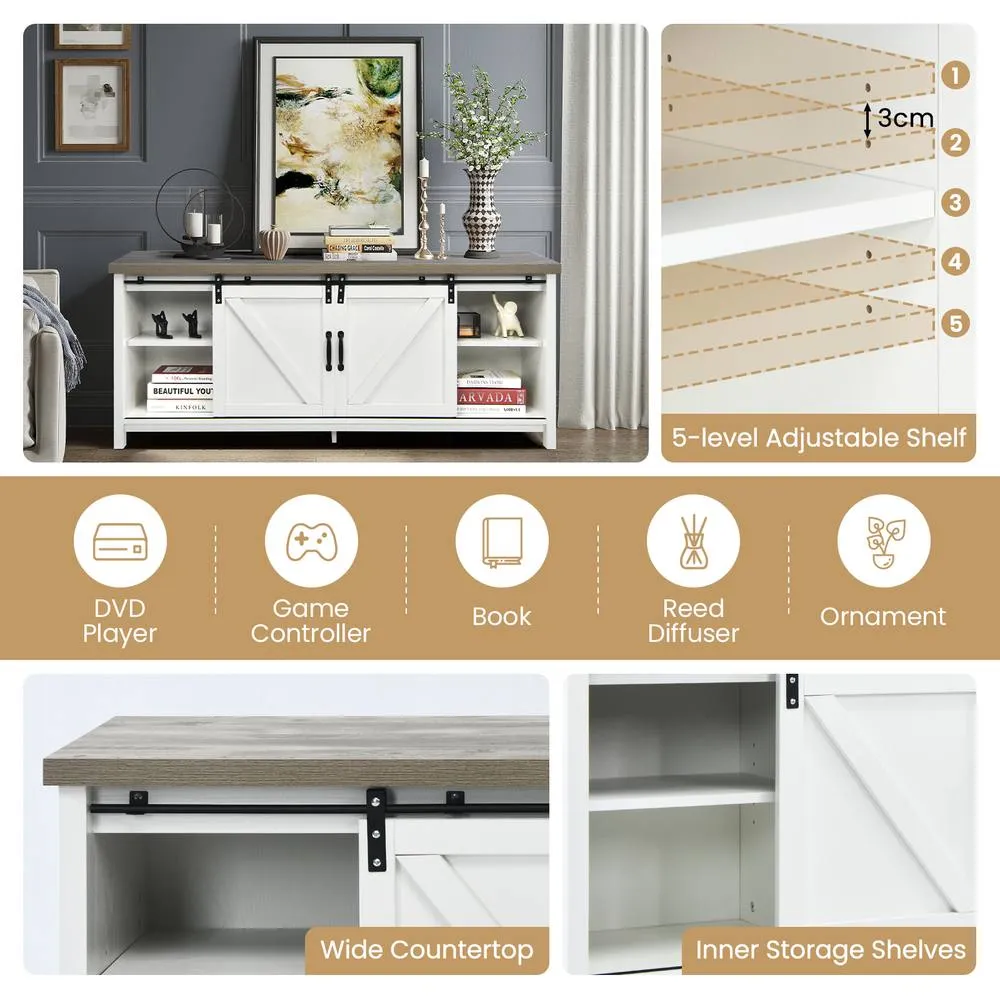 Costway Modern TV Cabinet for 60-Inch TV Wooden Media Storage Shelves Organizer Stand in White 2