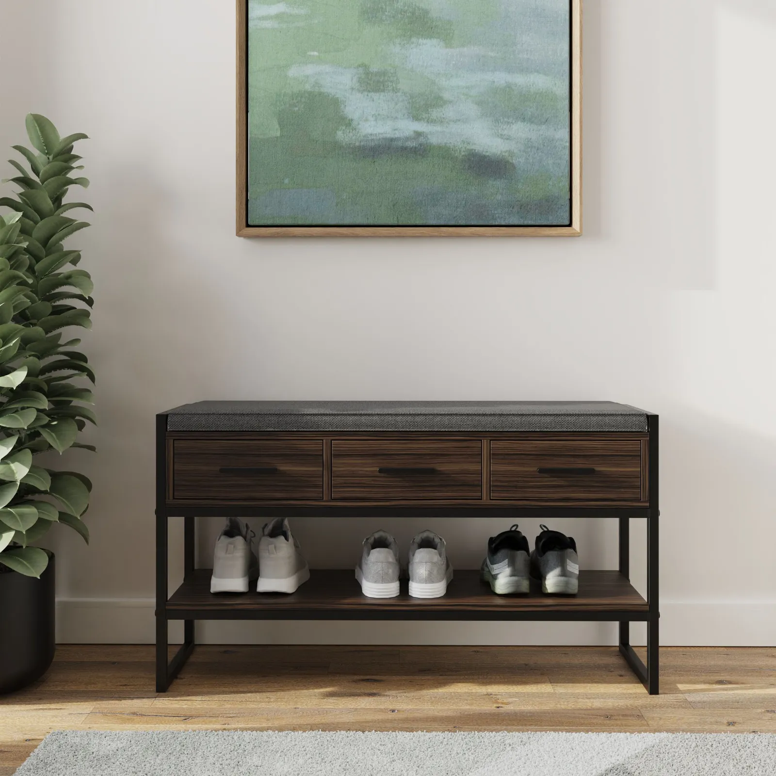 GFW Quinn Industrial Shoe Bench with Storage in Walnut