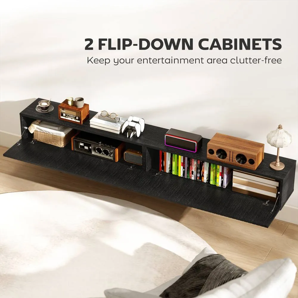 HOMCOM Wall Mount TV Stand Cabinet with Fluted Flip-Down Doors in Black 6