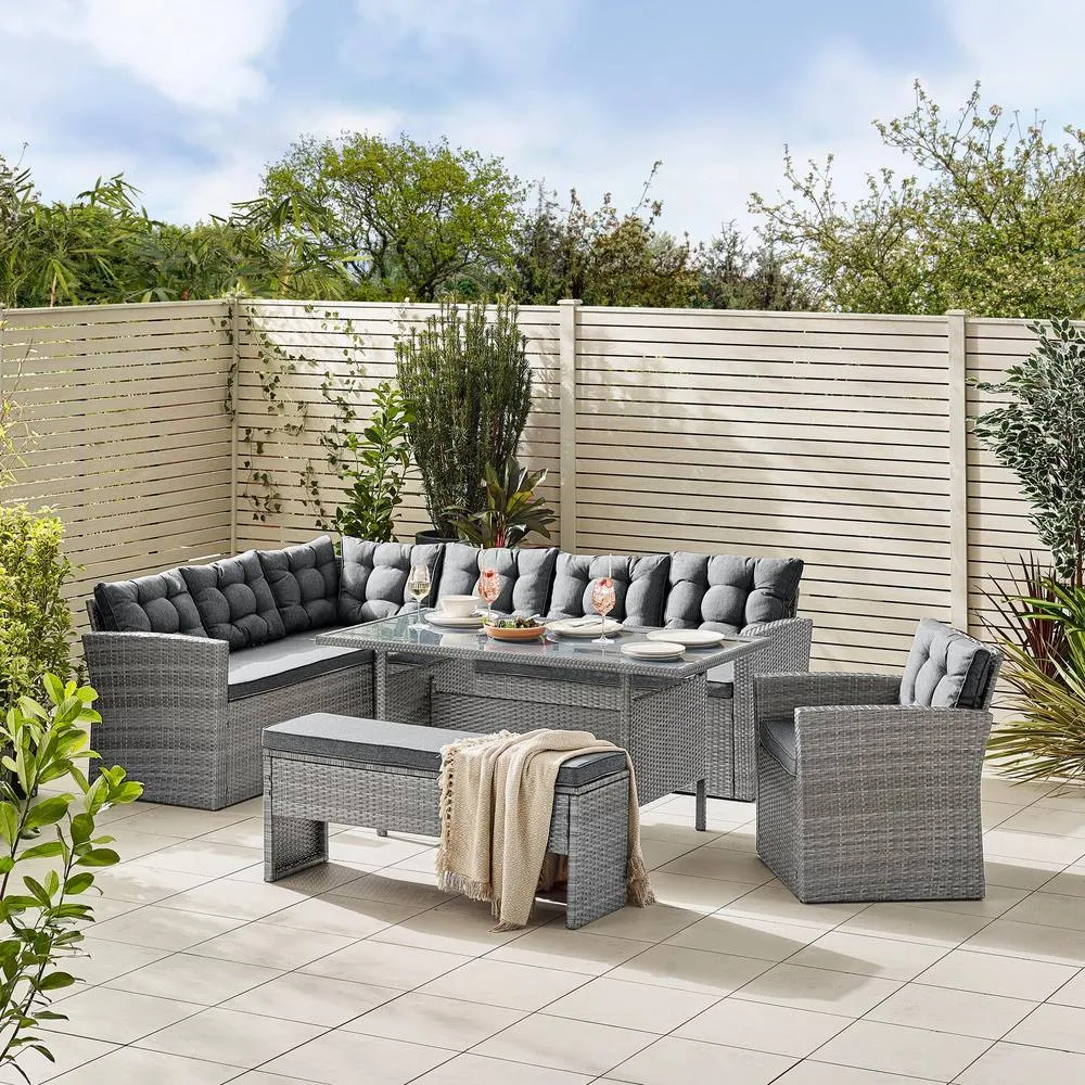 FurnitureboxUK Marbella Textured Grey Rattan Garden Dining Set Grey Cushions 9 Seat Outdoor Sofa, Glass Table Top 145x80cm 1