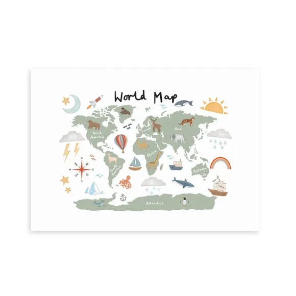 East End Prints World Map in Green Print 2
