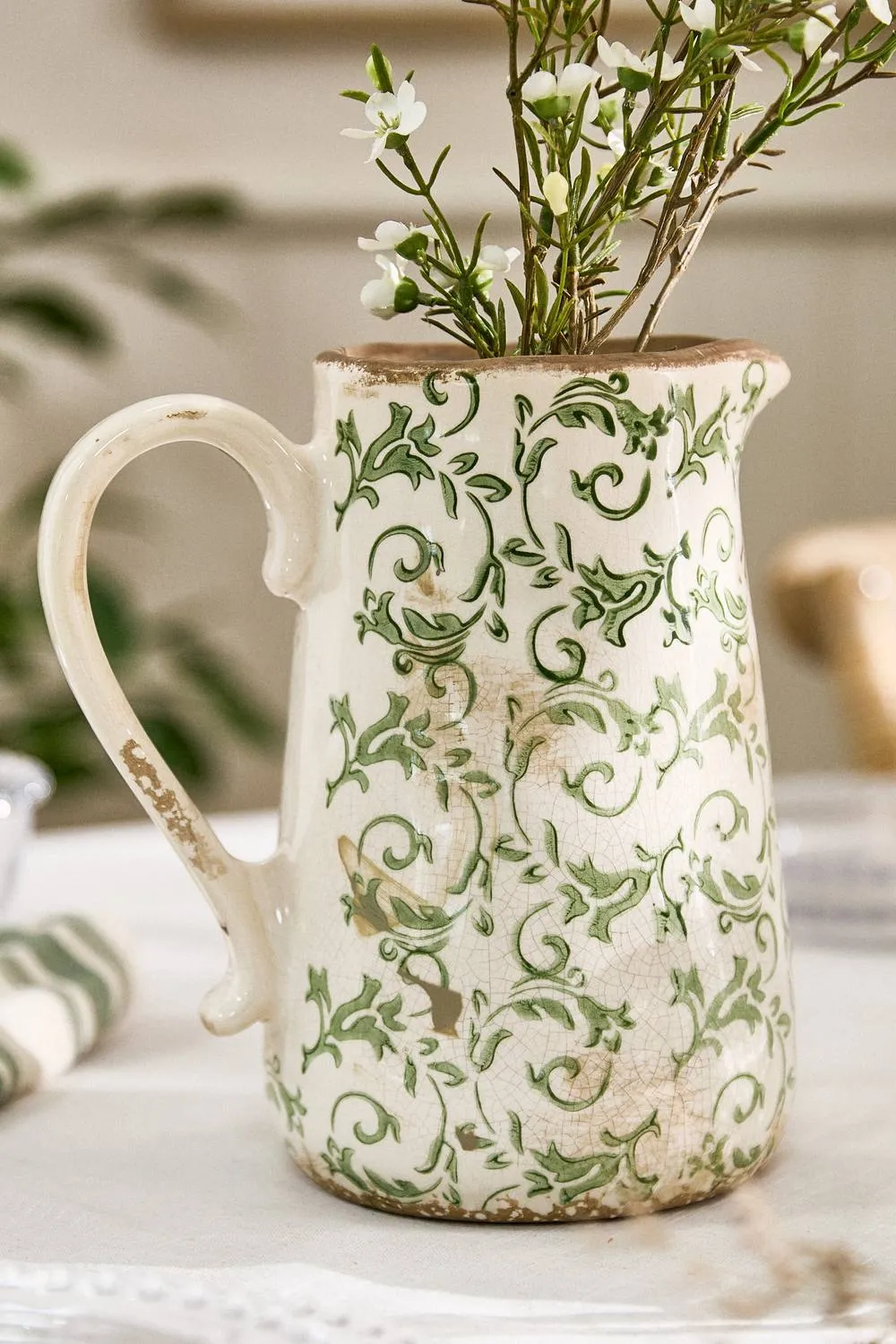 Dibor Set of 2 Luxury Irina Green Botanical Home Decor Pitcher Jug in Cream 2